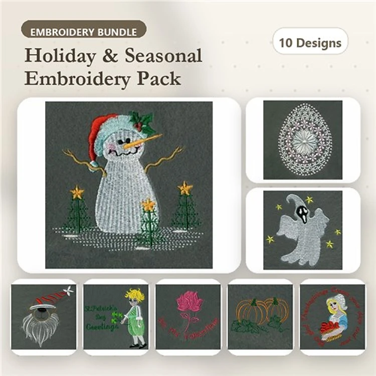 Holiday Characters Embroidery Designs Bundle – Snowman, Santa Claus, Ghost, Flower Fairy & More (10 Designs)