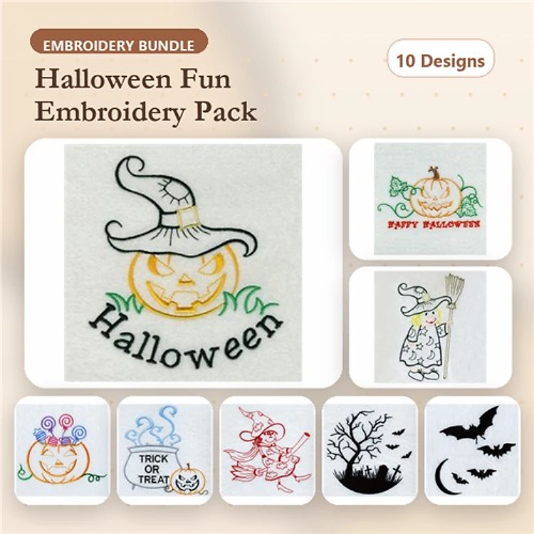 Halloween Characters Embroidery Designs Bundle – Halloween Pumpkin, Trick or Treat Ghost, Boo Ghost & More (10 Designs)