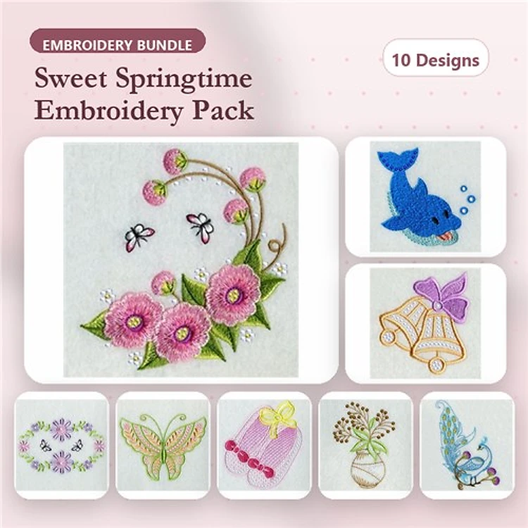 Floral Arrangement & Butterflies Embroidery Designs Bundle – Violet Bouquet, Decorative Bells, Flower Pot & More (10 Designs)