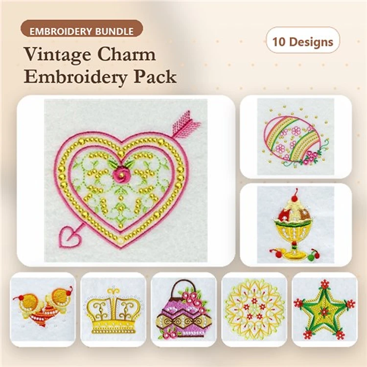 Vintage Charm Embroidery Designs Bundle – Heart with Arrow, Lantern, Decorative Egg & More (10 Designs)