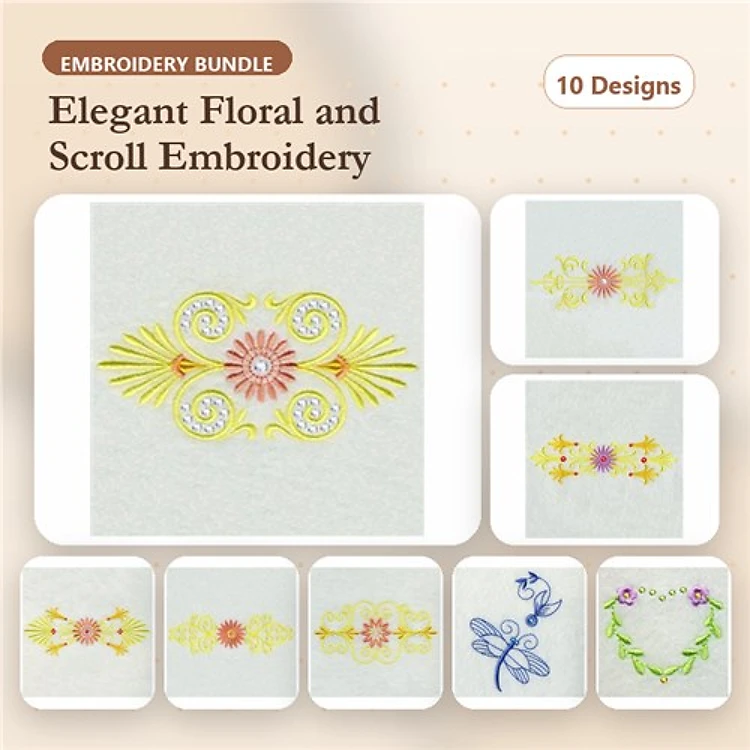 Elegant Floral Embroidery Bundle – Floral Scroll, Shield, Border, Curved Design & More (10 Designs)