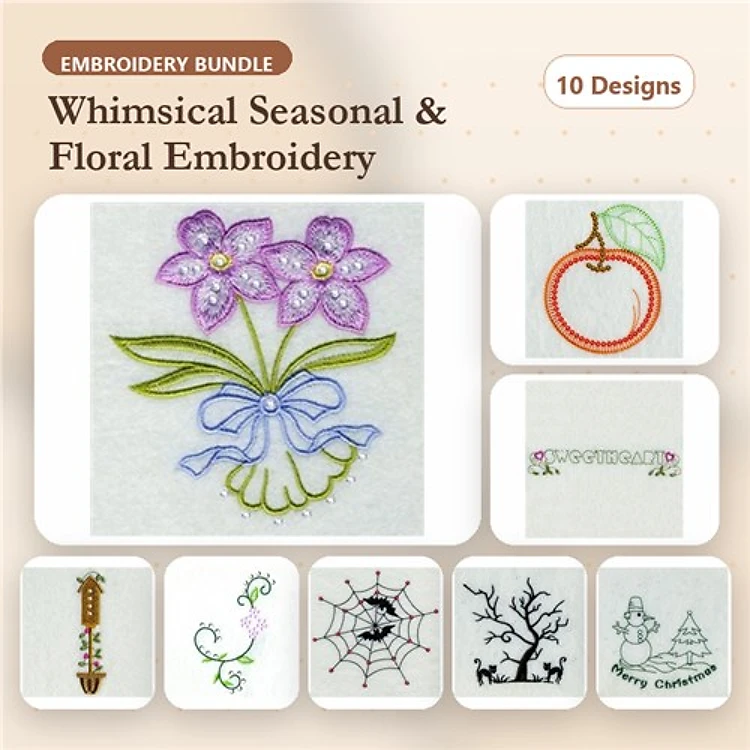 Whimsical Seasonal & Floral Embroidery Bundle – Flower Bouquet, Christmas Tree, Snowman & More (10 Designs)