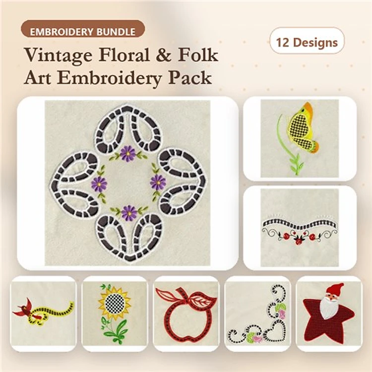 Floral and Folk Art Embroidery Designs Bundle – Vintage Floral Motif, Butterfly with Floral Elements, Sunflower & More (12 Designs)