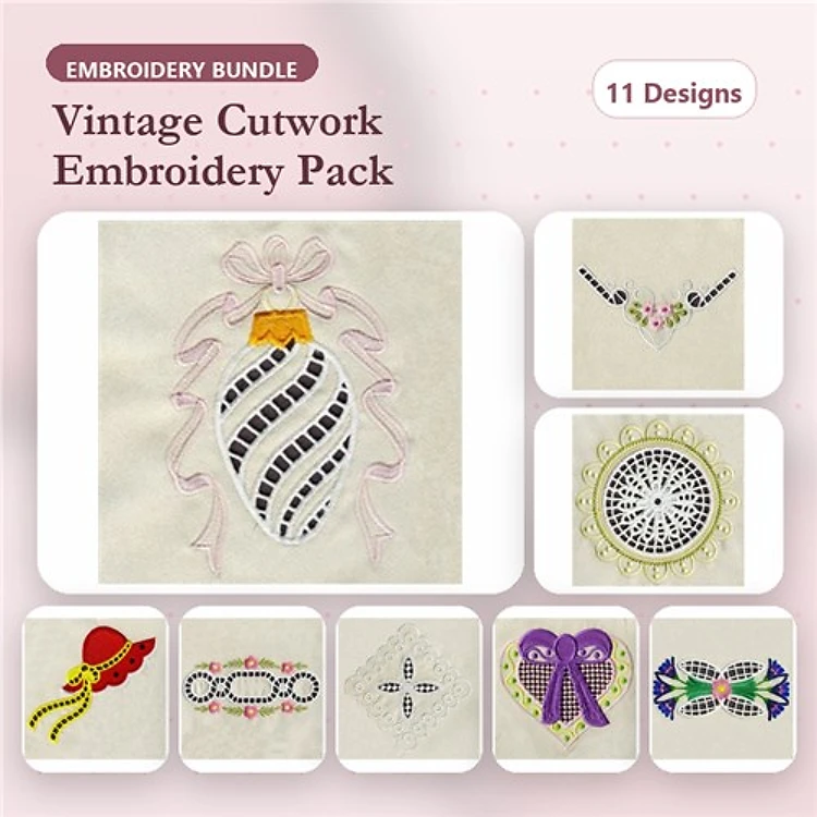 Vintage Cutwork Embroidery Designs Bundle – Decorative Ornament, Bow with Ribbon, Floral Chain & More (11 Designs)