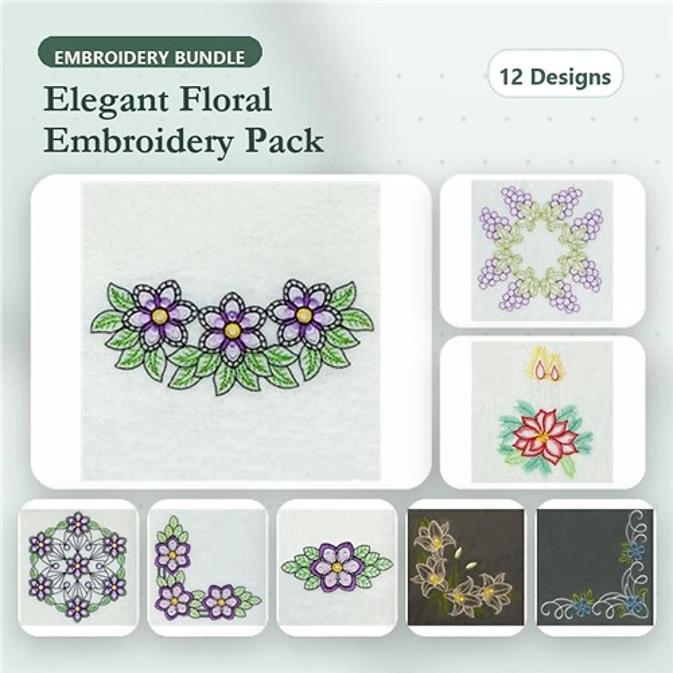 Elegant Floral Embroidery Designs Bundle – Floral Border, Purple Medallion, Vibrant Spray & More (12 Designs)