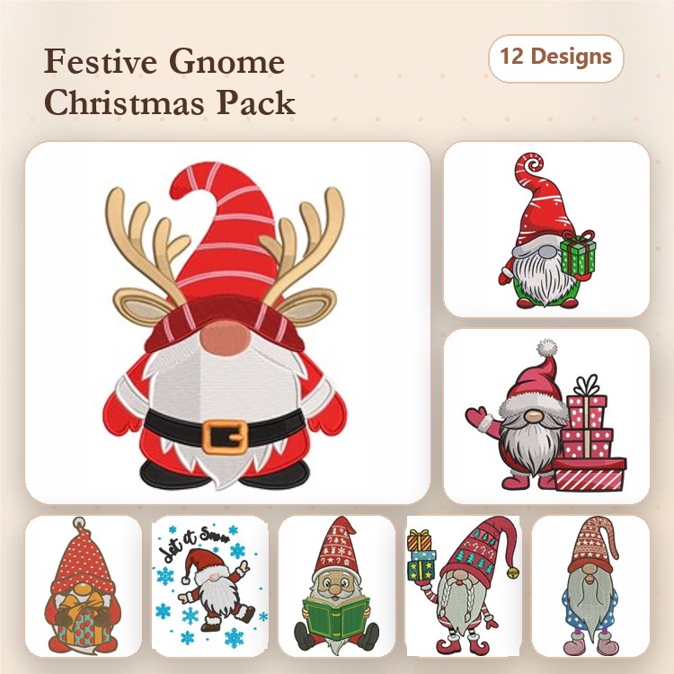 Festive Gnome Christmas Embroidery Bundle – Holiday Characters (12 Designs)