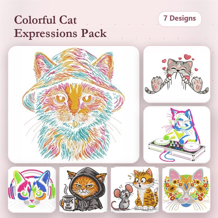 Colorful Cat Expressions Embroidery Designs Bundle – Cat with Hat, Cat Playing DJ, Kitty with Paw Hearts & More (7 Designs)