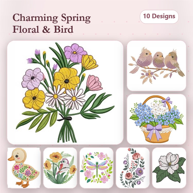 Floral and Bird Embroidery Designs Bundle – Floral Bouquet, Birds on Branch, Flower Basket & More (10 Designs)