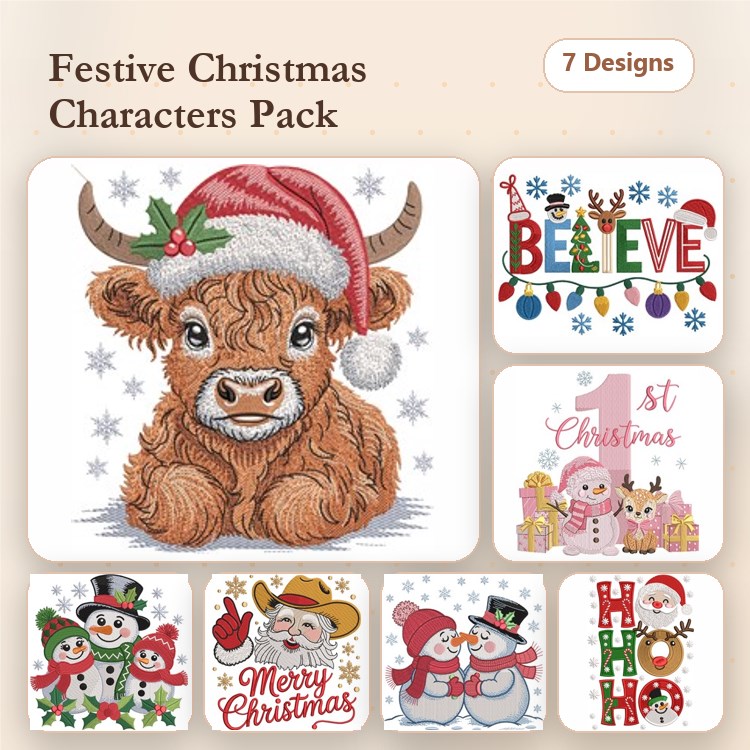 Christmas Characters Embroidery Designs Bundle – Highland Cow, Snowman Family, Santa Claus & More (7 Designs)