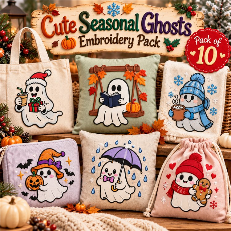 Cute Ghosts Embroidery Designs Bundle – Ghost with Gingerbread Man, Ghost with Hot Chocolate & More (10 Designs)