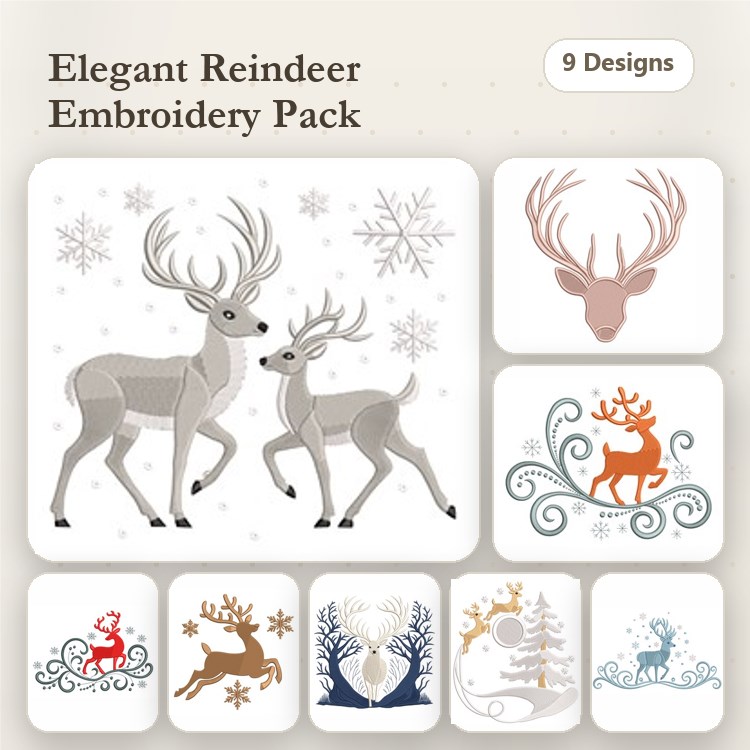 Elegant Reindeer Embroidery Bundle – Reindeer Couple, Santa with Reindeer, Ornate Reindeer & More (9 Designs)