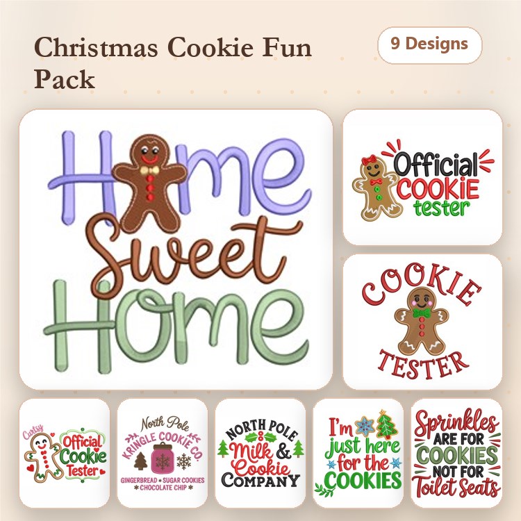 Christmas Cookie Themed Embroidery Designs Bundle – Home Sweet Home, Official Cookie Tester, Gingerbread Man & More (9 Designs)