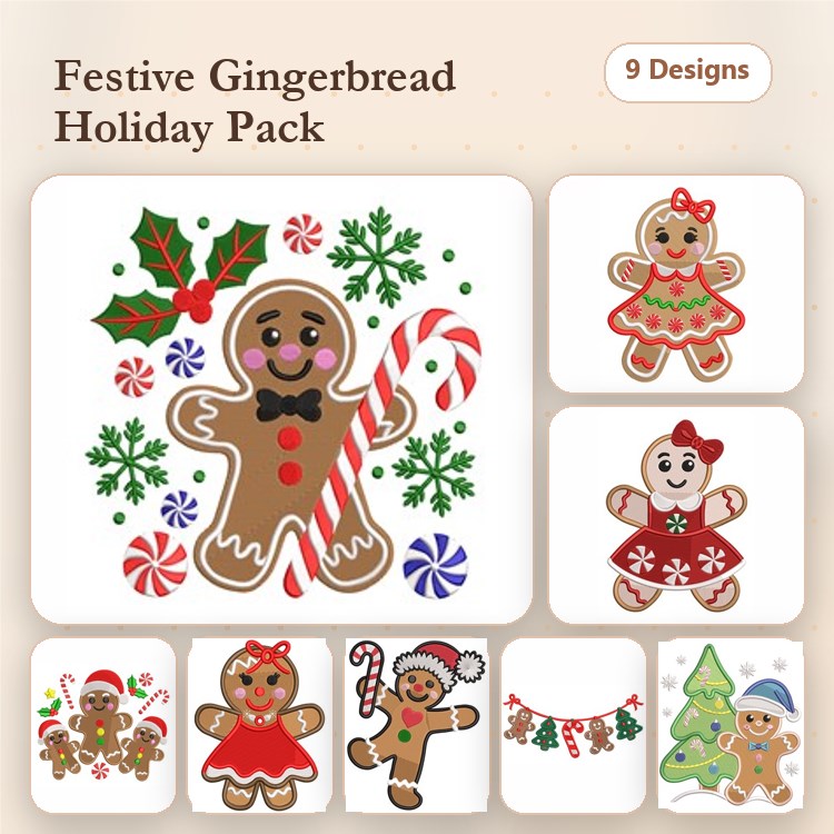 Gingerbread Holiday Embroidery Designs Bundle – Gingerbread Man with Candy Cane, Gingerbread Girl with Red Dress & More (9 Designs)