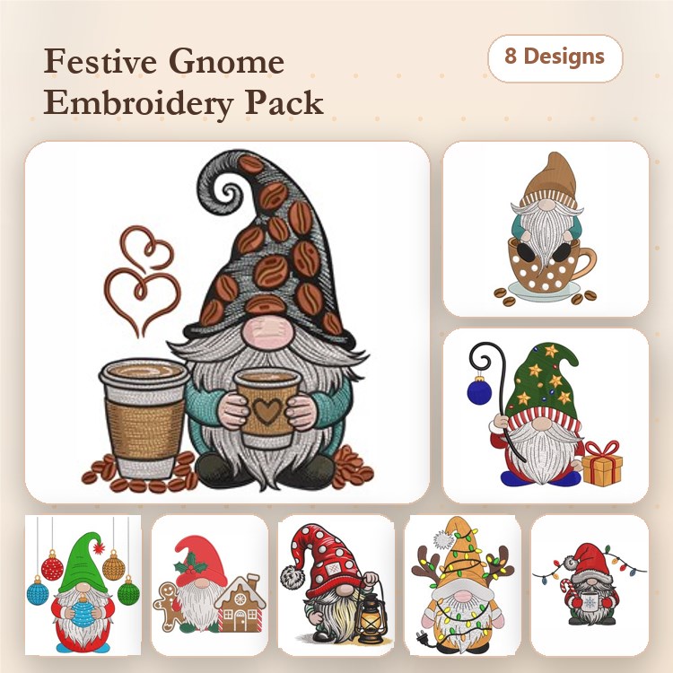 Festive Gnomes Embroidery Designs Bundle – Coffee Gnome, Gnome with Gift, Gnome with Ornament & More (8 Designs)