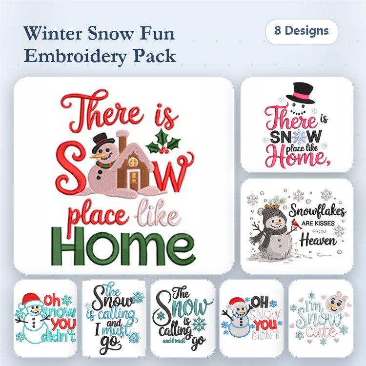 Winter-themed Embroidery Designs Bundle – There is Snow Place like Home, Snowman with House, & More (8 Designs)