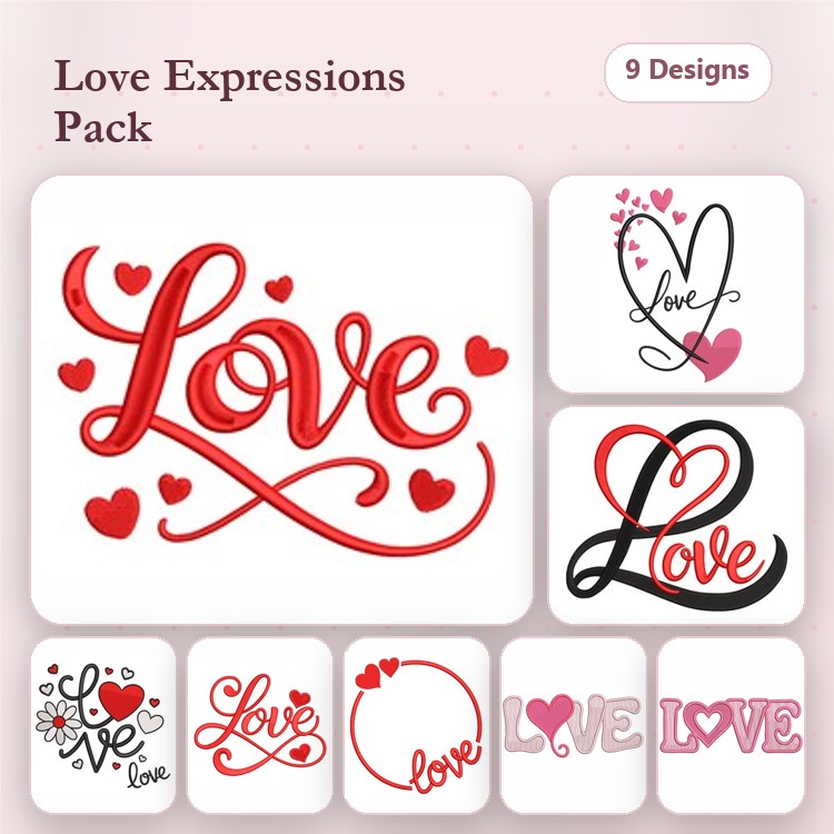 Love Embroidery Designs Bundle – Love with Hearts, Heart with Love, Creative Love & More (9 Designs)