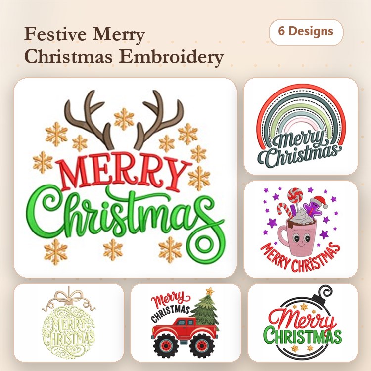 Christmas Themed Embroidery Designs Bundle – Merry Christmas with Antlers, Christmas Truck with Tree, & More (6 Designs)