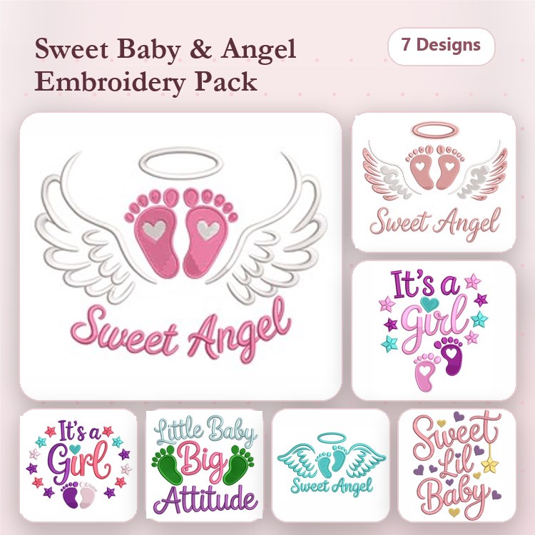 Baby & Angel Embroidery Designs Bundle – Sweet Angel, Baby Feet, It's a Girl & More (7 Designs)