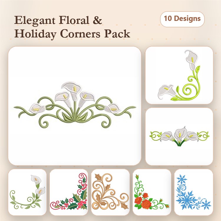 Floral & Holiday Corner Embroidery Designs Bundle – Calla Lily Corner, Blue Floral Corner, Rose Corner Design & More (10 Designs)