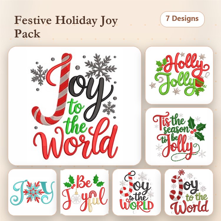 Festive Holiday Phrases Embroidery Designs Bundle – Joy to the World, Holly Jolly, & More (7 Designs)
