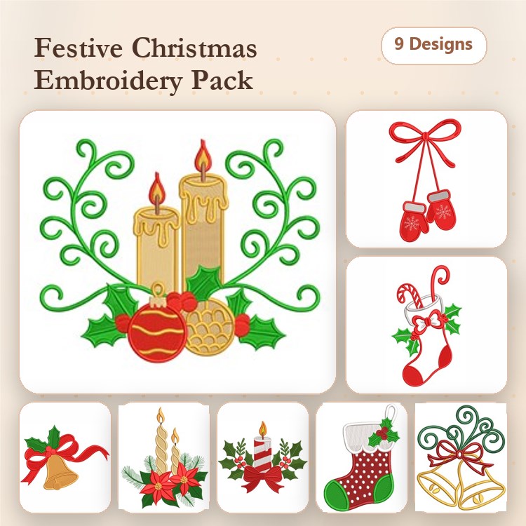 Christmas Decorations Embroidery Designs Bundle – Candles with Ornaments, Christmas Stocking, Mittens & More (9 Designs)