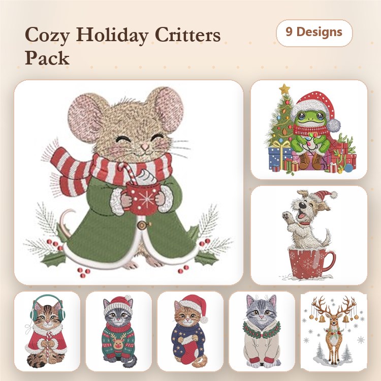 Cozy Holiday Animals Embroidery Designs Bundle – Mouse with Christmas Ornament, Cat in Holiday Sweater, & More (9 Designs)