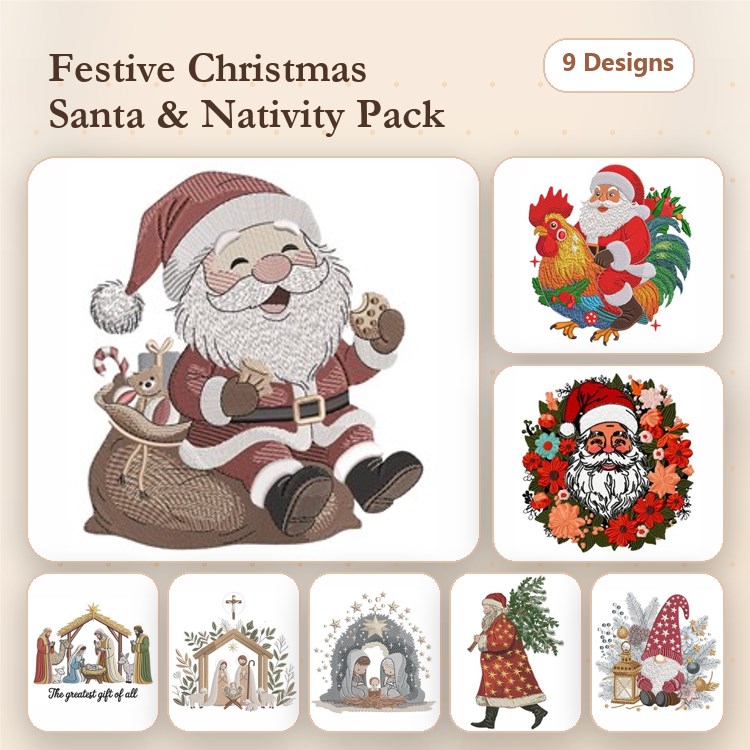 Santa Claus & Nativity Embroidery Designs Bundle – Santa with Bag, Nativity Scene, Angel with Nativity & More (9 Designs)