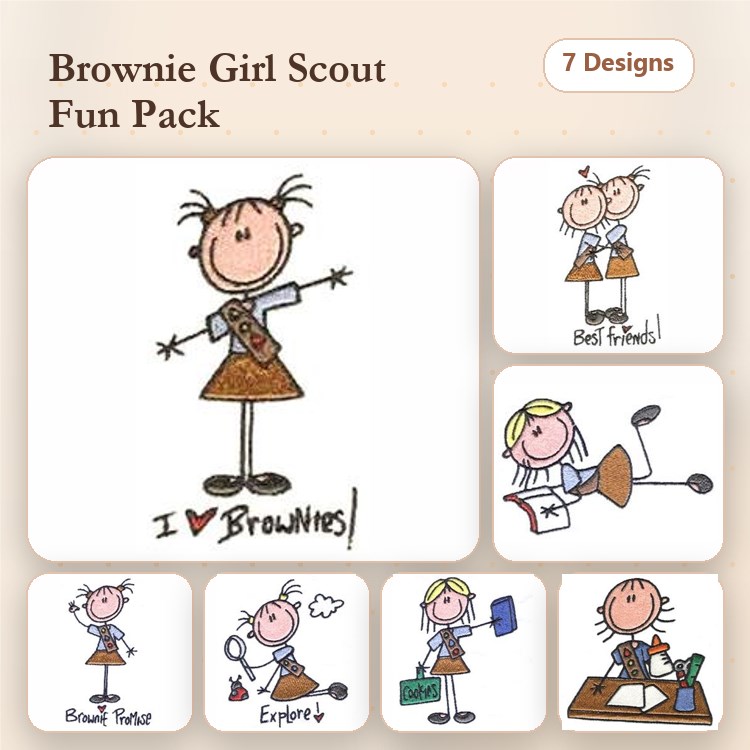 Girl Scout Characters Embroidery Designs Bundle – Brownie Girl Scout, Explorer, Sporty Brownie & More (7 Designs)