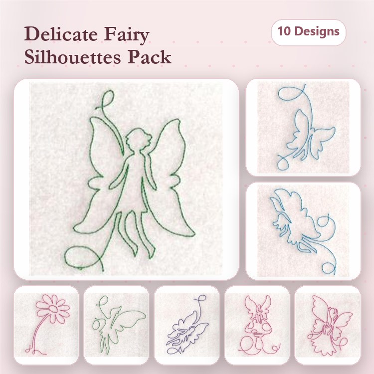 Redwork Fairy Silhouettes Embroidery Designs Bundle – Fairy with Wand, Flying Fairy, Joyful Fairy & More (10 Designs)