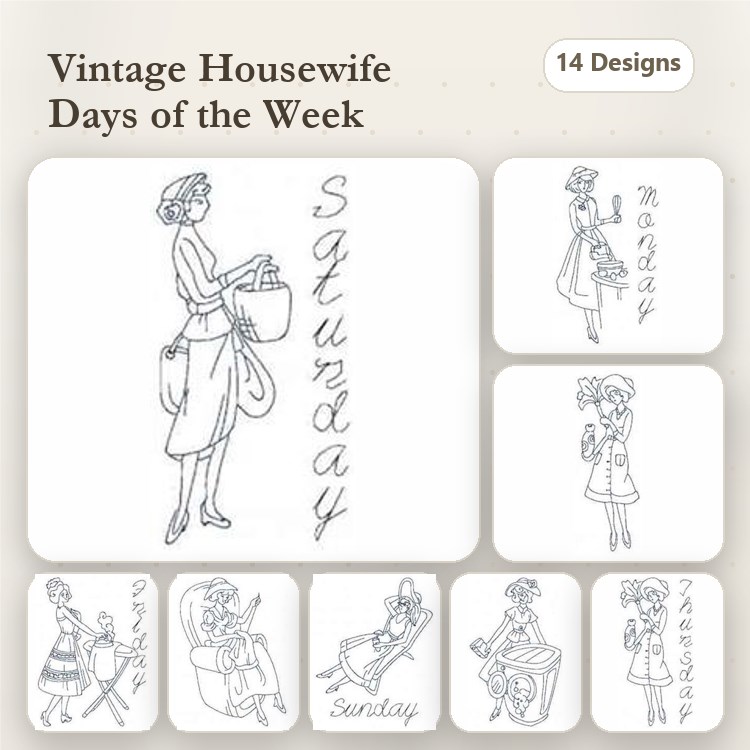 Redwork Vintage Housewife Embroidery Designs Bundle – Housewife with Handbag, Housewife with Flowers, & More (14 Designs)