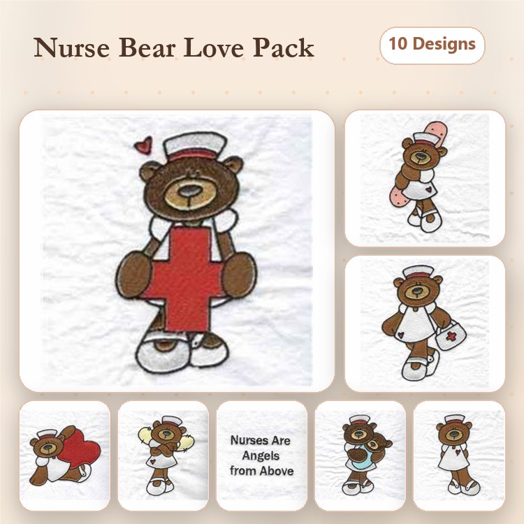 Nurse Bears Embroidery Designs Bundle – Nurse Bear with Heart, Nurse Bear with Flowers, & More (10 Designs)