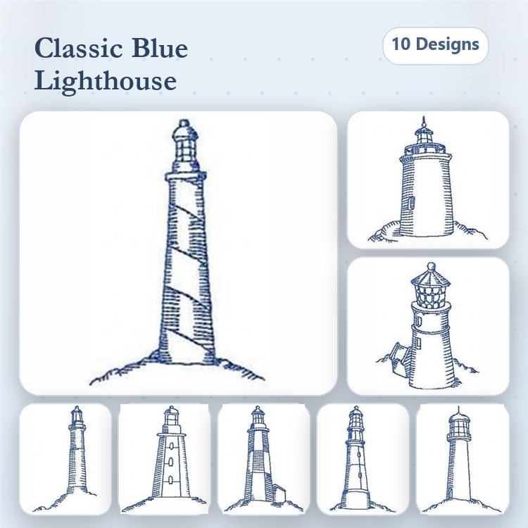 Redwork Classic Blue Lighthouses Embroidery Designs Bundle – Striped Lighthouse, Beacon Lighthouse, & More (10 Designs)