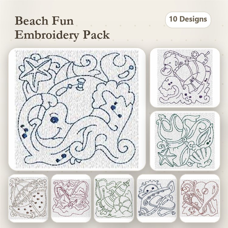 Redwork Beach-Themed Embroidery Bundle – Octopus, Starfish, Seashell, Dolphin & More (10 Designs