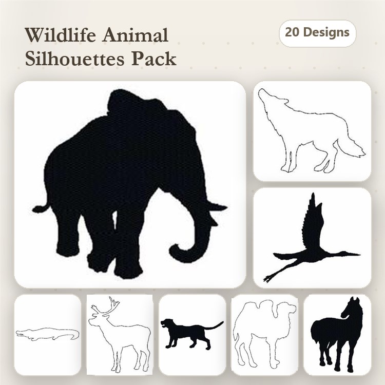 Elephant, Wolf & Stork Embroidery Bundle – Wildlife Designs (20 Designs)