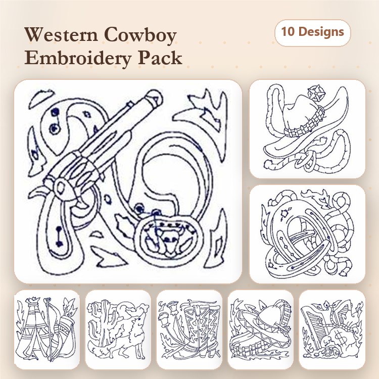 Redwork Cowboy Embroidery Designs Bundle – Cowboy Gun, Rope, Cowboy Hat & More (10 Designs)