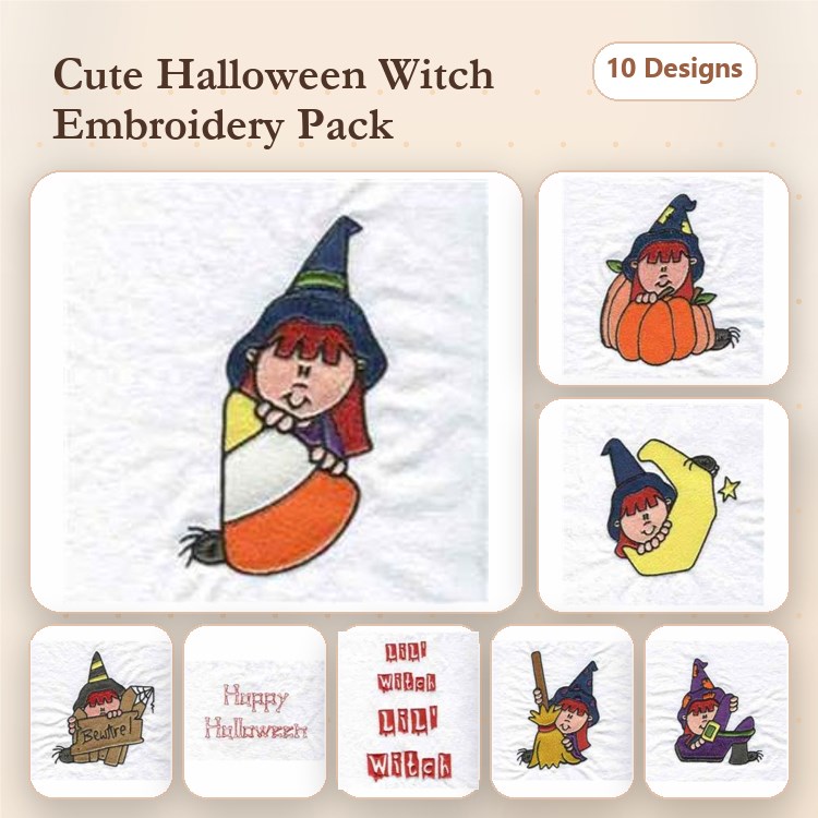 Halloween Witch Embroidery Designs Bundle – Witch with Candy Corn, Witch with Pumpkin, Happy Halloween Text & More (10 Designs)