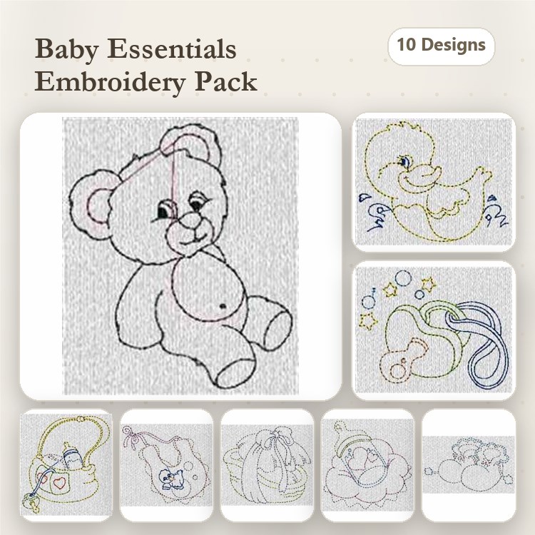 Redwork Baby Essentials Embroidery Designs Bundle – Teddy Bear, Rubber Duck, Pacifier & More (10 Designs)