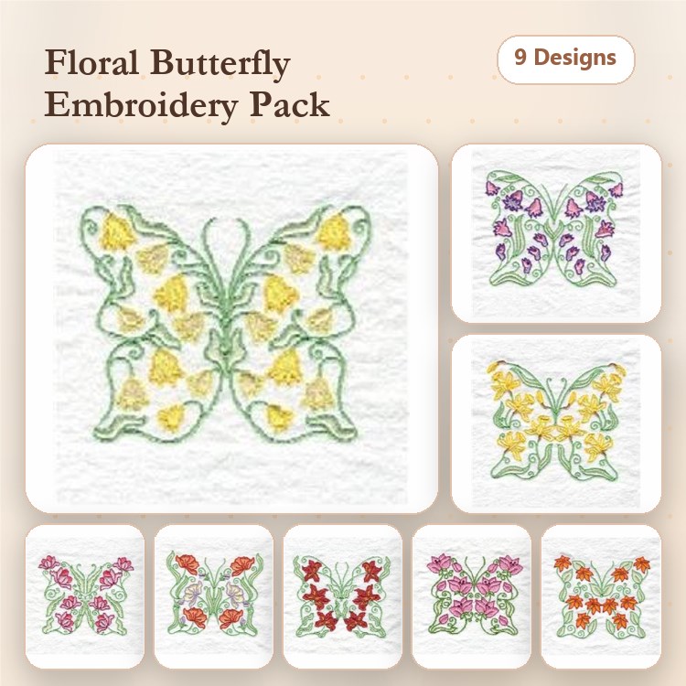 Floral Butterflies Embroidery Designs Bundle – Yellow, Purple, Red, Pink Butterflies & More (9 Designs)