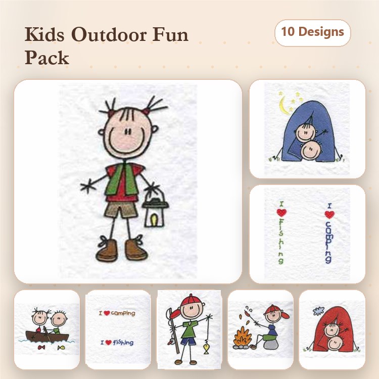 Kids Outdoor Adventures Embroidery Designs Bundle – Boy with Lantern, Fishing Kids, Camping Kids & More (10 Designs)