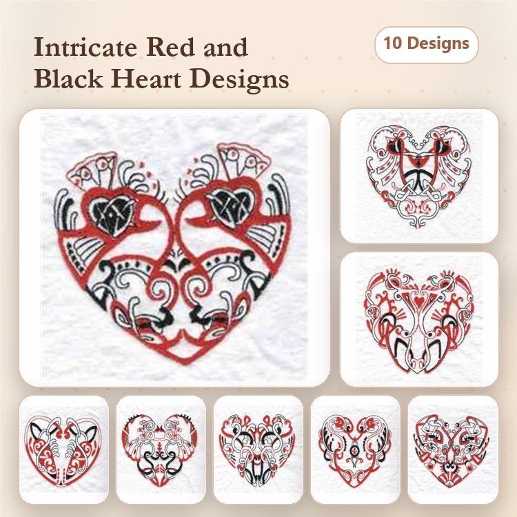 Red and Black Heart Embroidery Bundle – Heart Designs(10 Designs)
