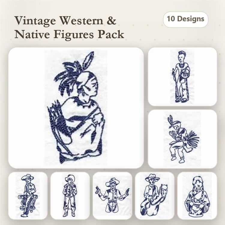 Redwork Vintage Western & Native Figures Embroidery Designs Bundle – Native American Girl, Western Cowboy, & More (10 Designs)