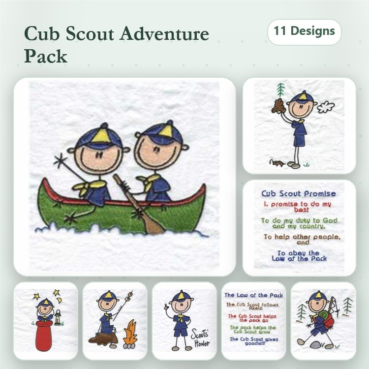 Cub Scout Adventure Embroidery Designs Bundle – Cub Scout Promise, Law of the Pack, Camping & More (18 Designs)