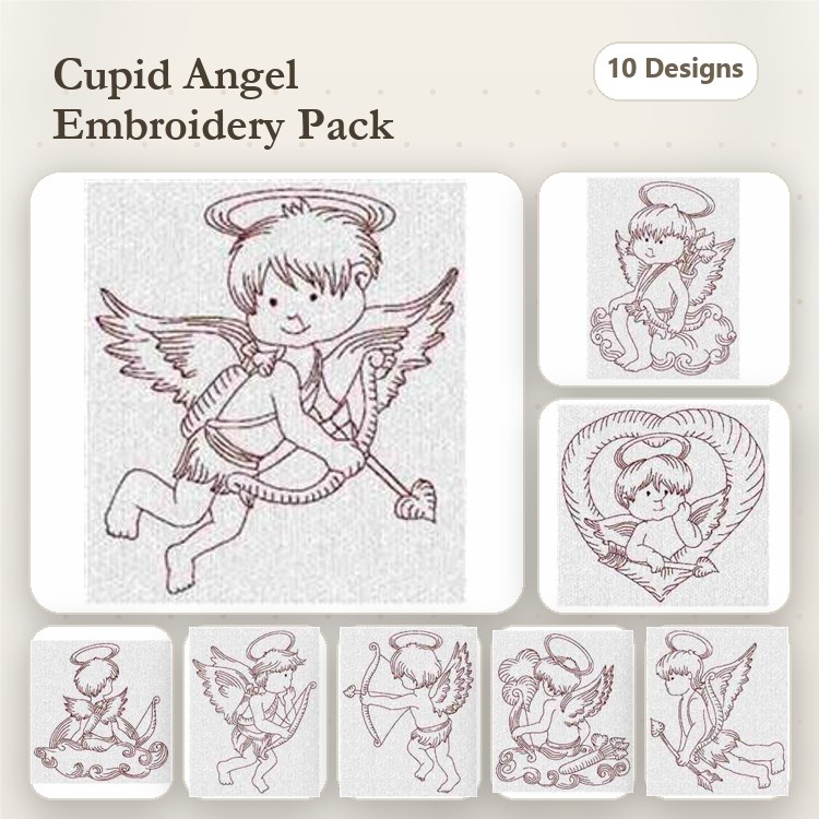Redwork Cupid Angels Embroidery Designs Bundle – Cupid Angel with Bow, Cupid Angel Flying & More (10 Designs)