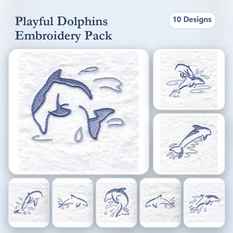 Dolphin Embroidery Designs Bundle – Leaping Dolphin, Dolphin Splashing, Dolphin with Waves & More (10 Designs)