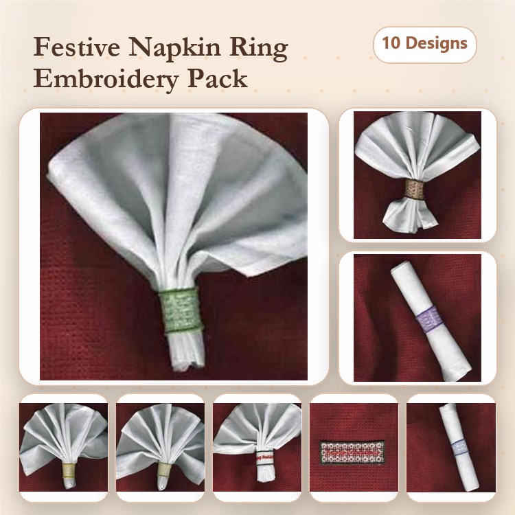 FSL Festive Napkin Ring Embroidery Designs Bundle – Napkin Ring with Bow, Napkin Ring with Ribbon, & More (10 Designs)