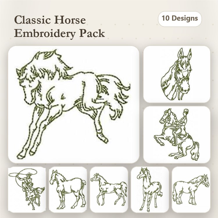 Redwork Classic Horse Embroidery Bundle – Standing Horse, Galloping Horse, Horse and Rider & More (10 Designs)