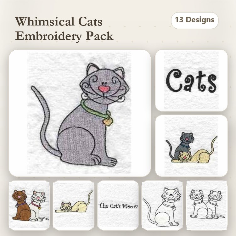 Whimsical Cats Embroidery Designs Bundle – Gray Cat with Collar, Waving Cat, Sitting Cat & More (13 Designs)