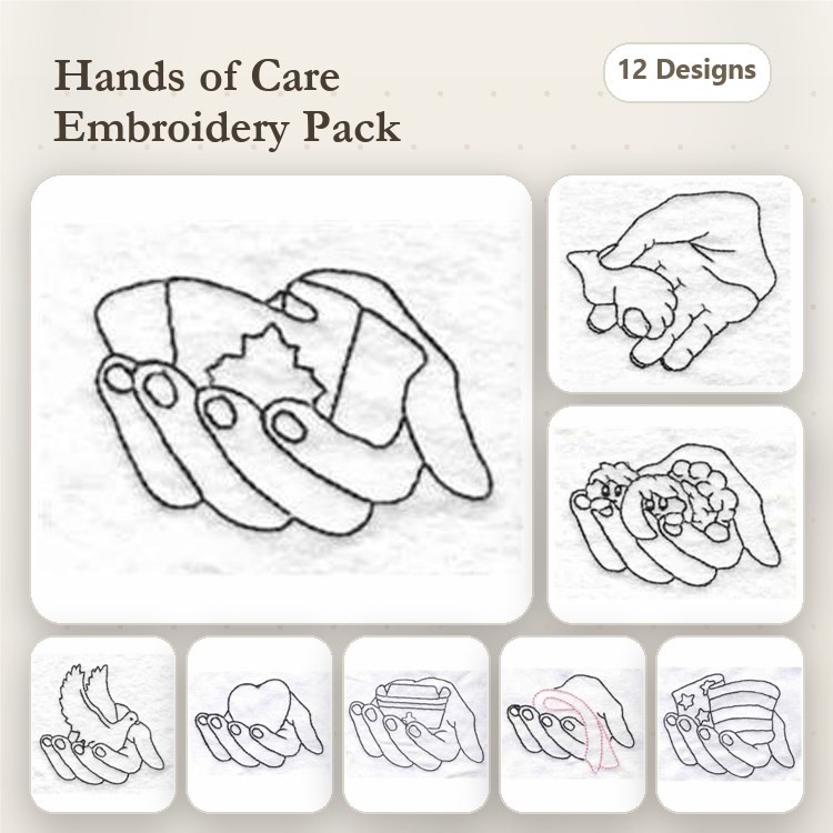 Redwork Hands Holding Embroidery Designs Bundle – Flower, Heart, Maple Leaf & More (12 Designs)