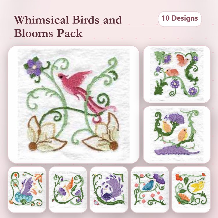 Birds & Floral Embroidery Bundle – Hummingbird with Flowers, Blue Bird with Flowers, Chirping Bird & More (19 Designs)