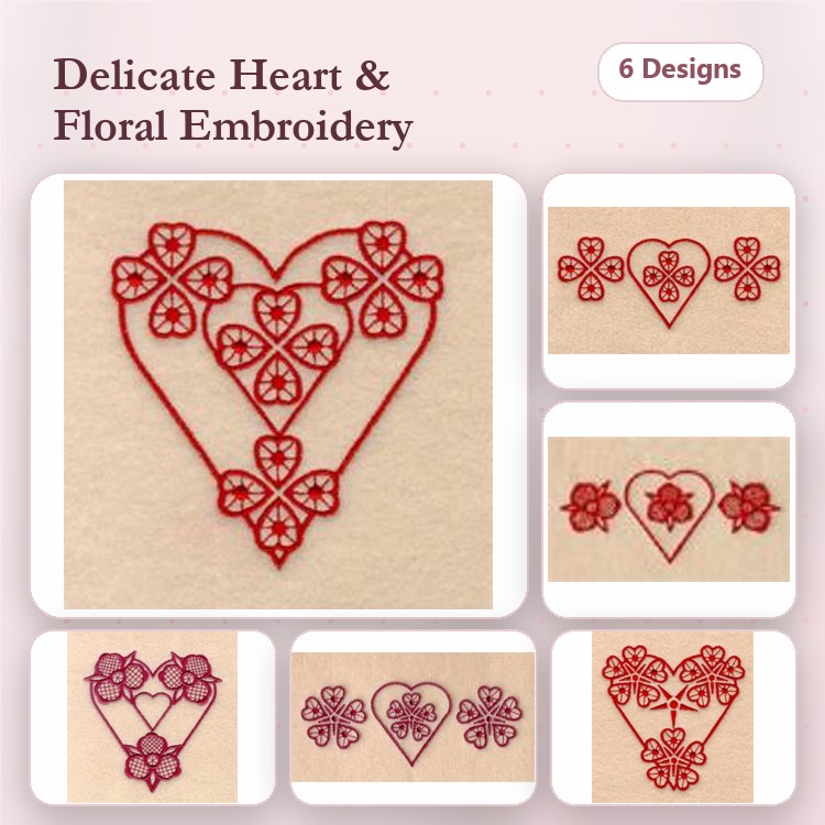 Redwork Heart & Floral Embroidery Designs Bundle – Heart with Flowers, Floral Heart & More (6 Designs)